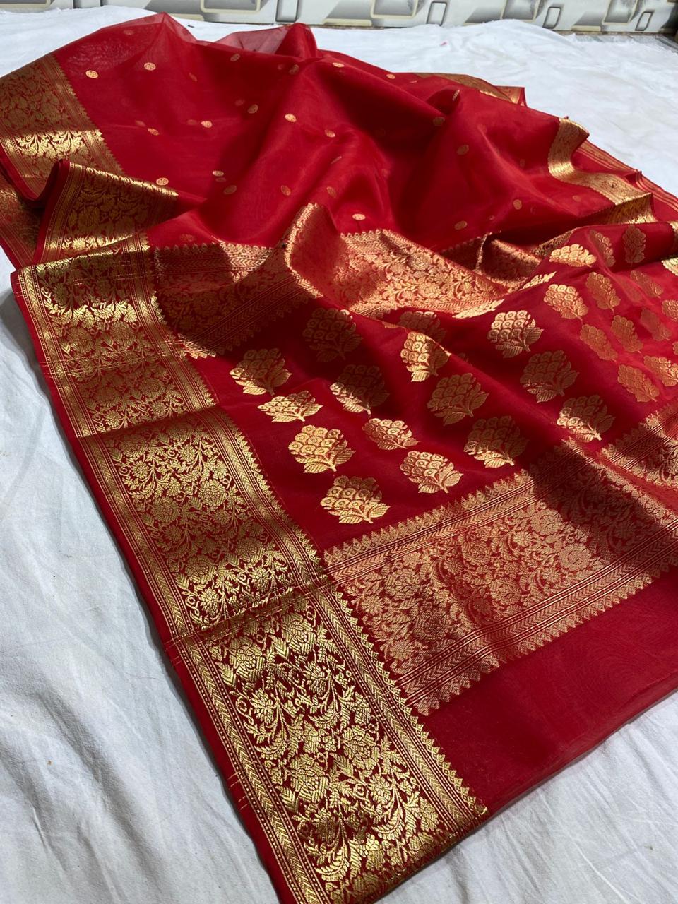 Handwoven Shiraz Color Organza Chanderi Katan Silk Saree - Authentic Chanderi silk sarees Chanderi Saree - View 1