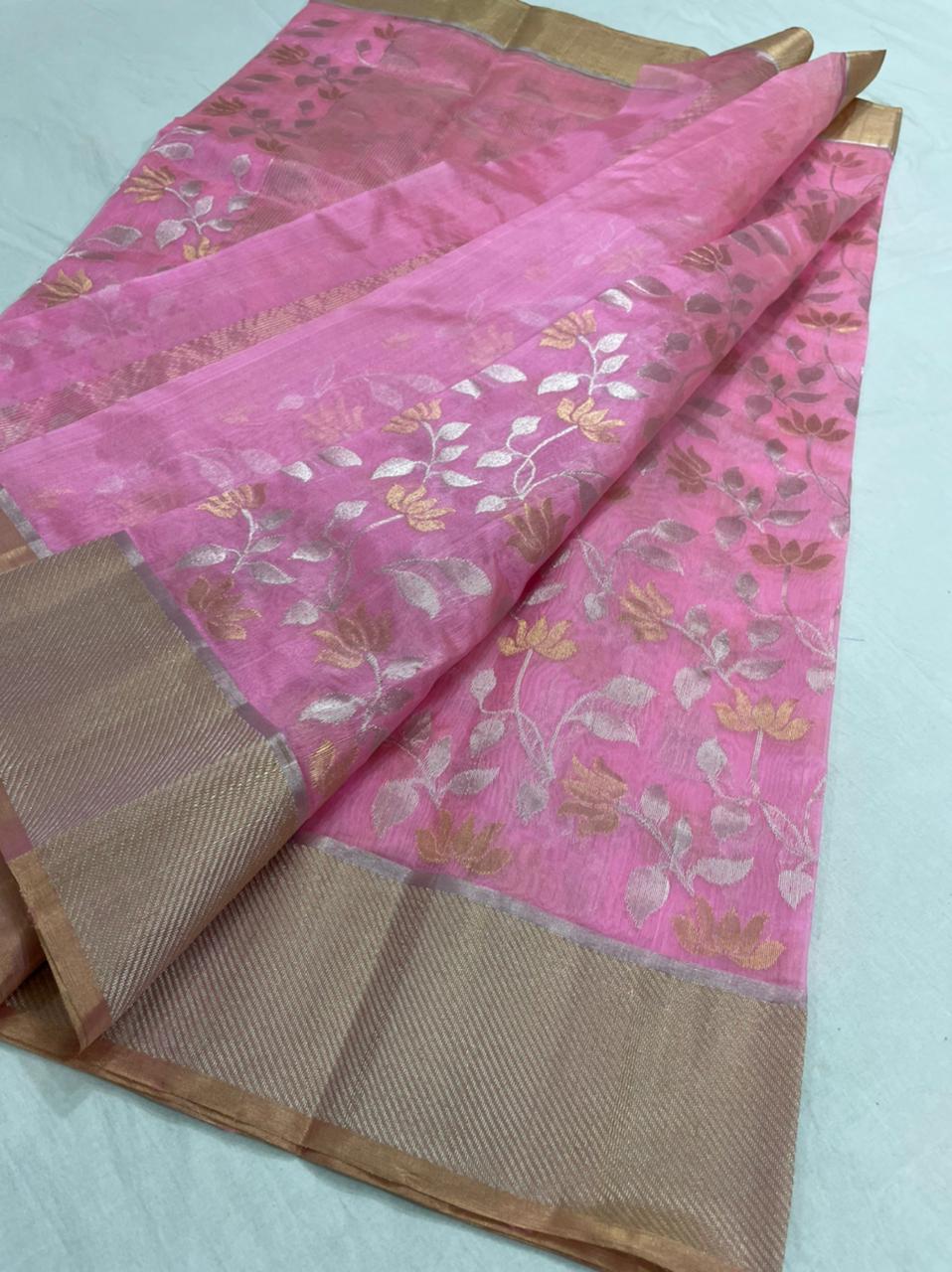 Handwoven Pink Shocking pink Color Chanderi Pattu Silk Saree - Authentic Chanderi silk sarees Chanderi Saree - View 1