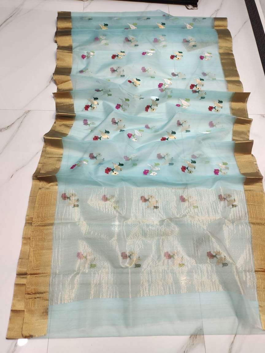 Handwoven Gold Sky Blue Chanderi Saree with Rich Gold Zari Border and Bird Weaving Organza Katan Silk - Authentic Chanderi silk sarees Chanderi Saree