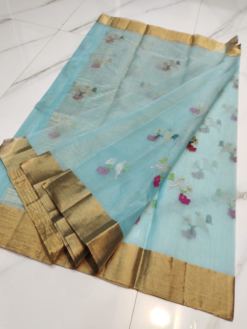 Handwoven Gold Sky Blue Chanderi Saree with Rich Gold Zari Border and Bird Weaving Organza Katan Silk - Authentic Chanderi silk sarees Chanderi Saree - View 2
