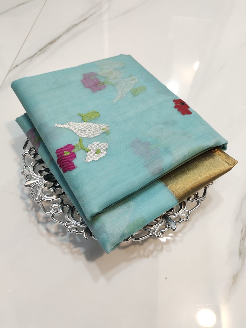 Handwoven Gold Sky Blue Chanderi Saree with Rich Gold Zari Border and Bird Weaving Organza Katan Silk - Authentic Chanderi silk sarees Chanderi Saree - View 3