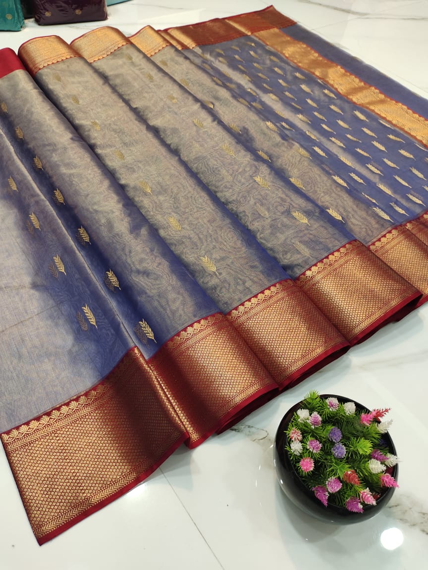 Handwoven Smoky Color Chanderi Silk Tissue Saree - Authentic Tissue Chanderi Saree - View 2
