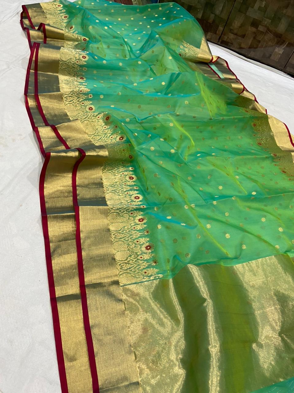 Handwoven Green Spanish Green Color Organza Chanderi Katan Silk Saree - Authentic Chanderi silk sarees Chanderi Saree
