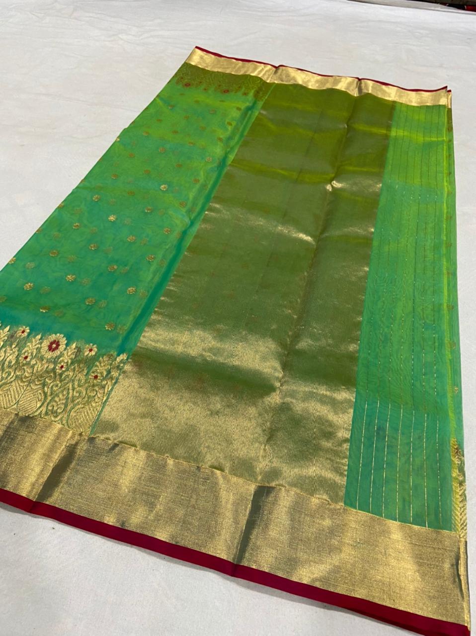 Handwoven Green Spanish Green Color Organza Chanderi Katan Silk Saree - Authentic Chanderi silk sarees Chanderi Saree - View 2