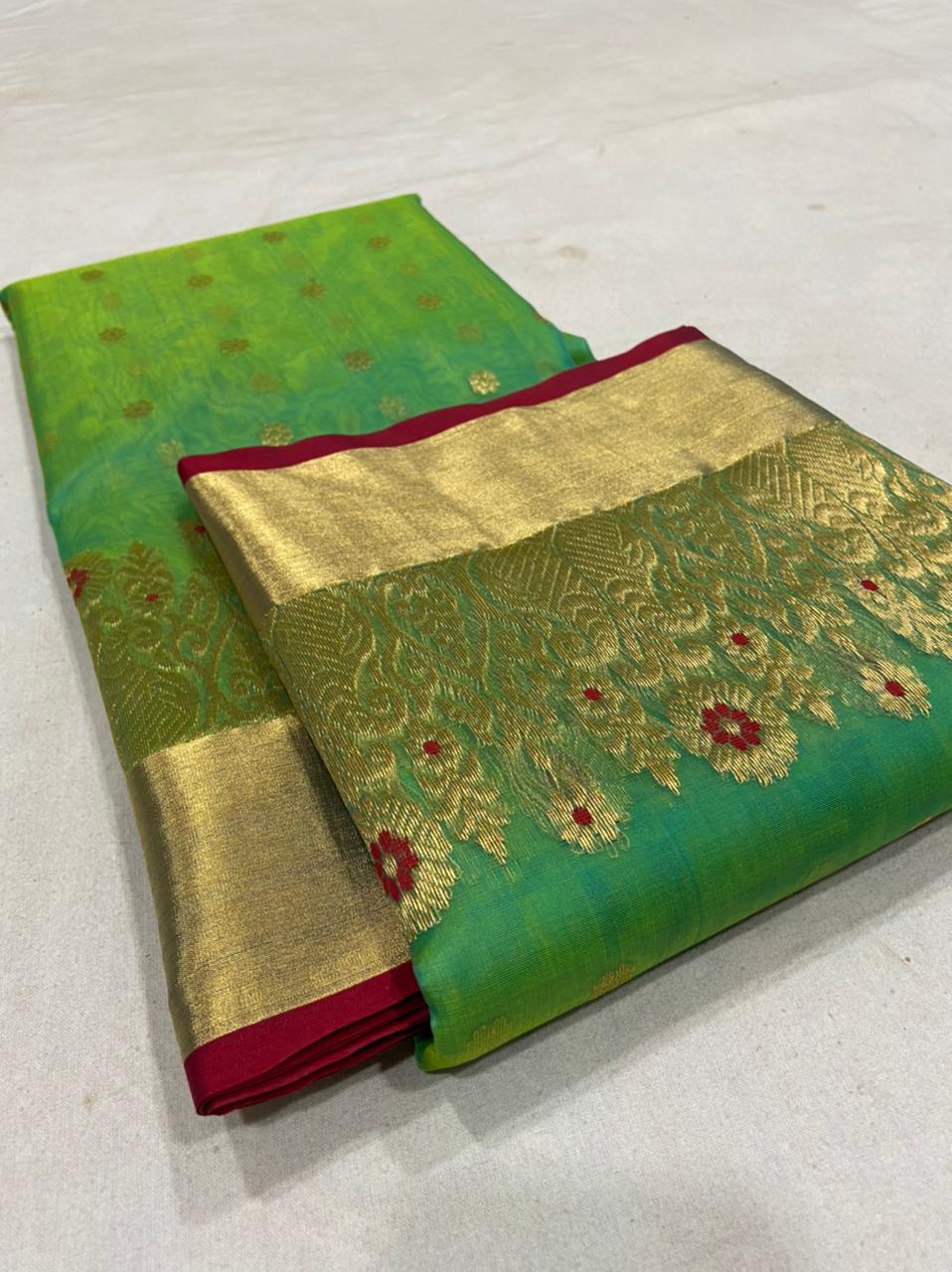 Handwoven Green Spanish Green Color Organza Chanderi Katan Silk Saree - Authentic Chanderi silk sarees Chanderi Saree - View 3