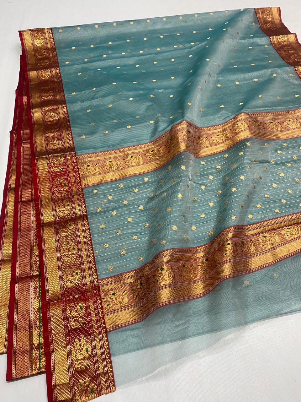 Handwoven Stormcloud Color Organza Chanderi Katan Silk Saree - Authentic Chanderi silk sarees Chanderi Saree