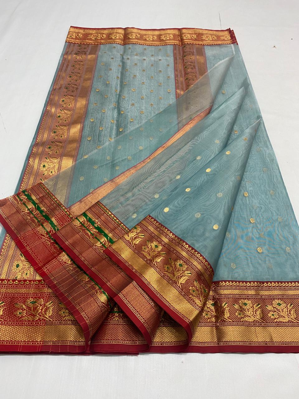 Handwoven Stormcloud Color Organza Chanderi Katan Silk Saree - Authentic Chanderi silk sarees Chanderi Saree - View 3