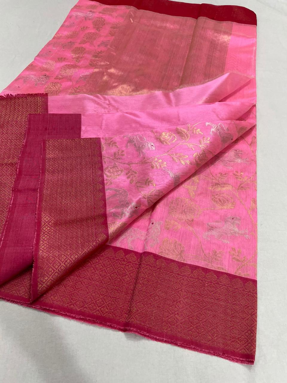 Handwoven Strawberry Color Chanderi Pattu Silk Saree - Authentic Chanderi silk sarees Chanderi Saree - View 2