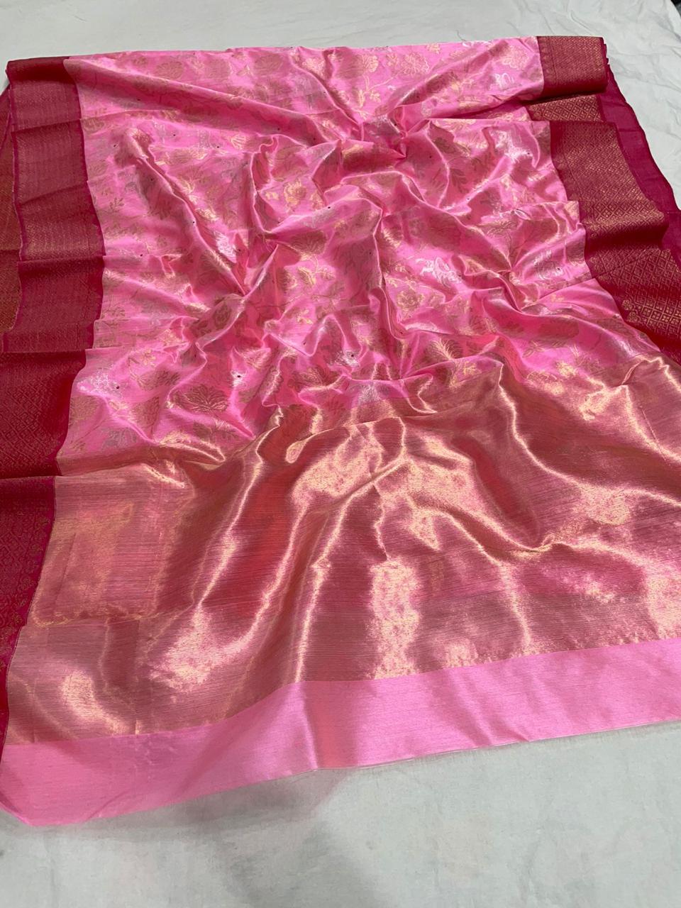 Handwoven Strawberry Color Chanderi Pattu Silk Saree - Authentic Chanderi silk sarees Chanderi Saree - View 3