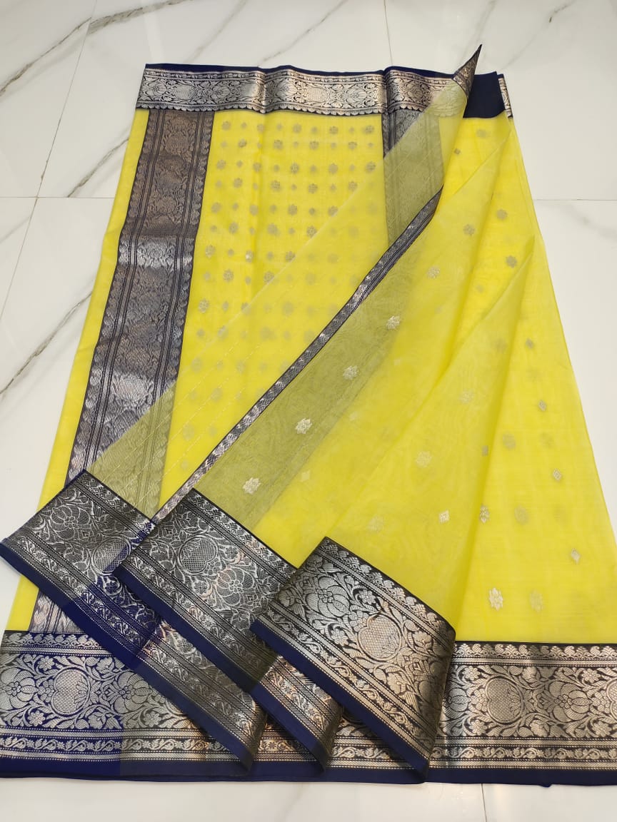 Handwoven Sunflower Color Organza Chanderi Katan Silk Saree - Authentic Chanderi silk sarees Chanderi Saree - View 1