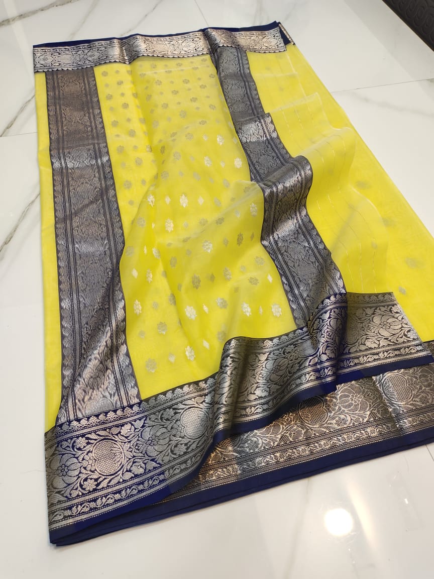 Handwoven Sunflower Color Organza Chanderi Katan Silk Saree - Authentic Chanderi silk sarees Chanderi Saree - View 2
