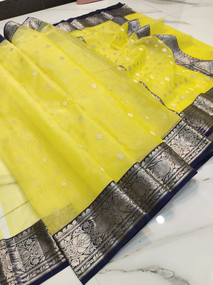 Handwoven Sunflower Color Organza Chanderi Katan Silk Saree - Authentic Chanderi silk sarees Chanderi Saree - View 3