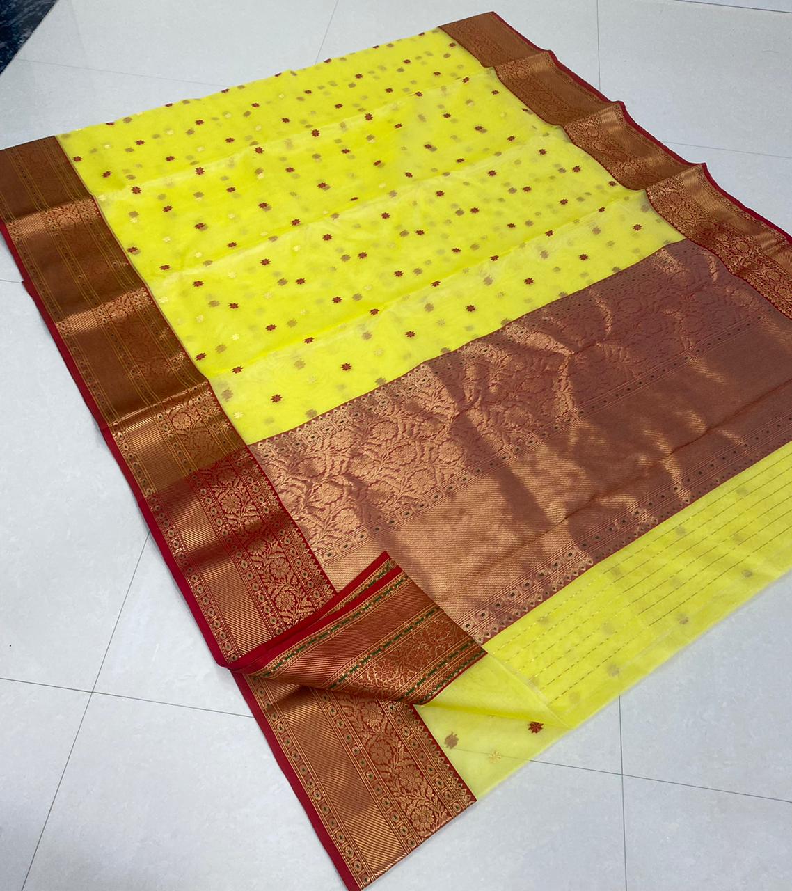 Handwoven Tacha Color Organza Chanderi Katan Silk Saree - Authentic Chanderi silk sarees Chanderi Saree