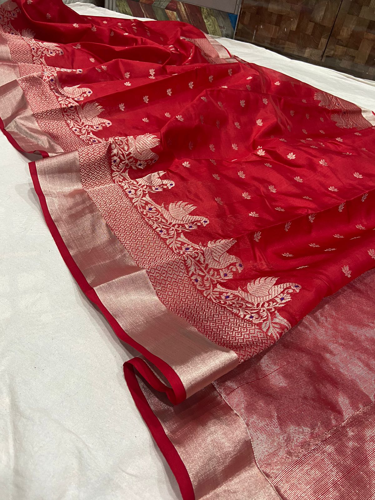 Handwoven Tamarillo Color Chanderi Pattu Silk Saree - Authentic Chanderi silk sarees Chanderi Saree