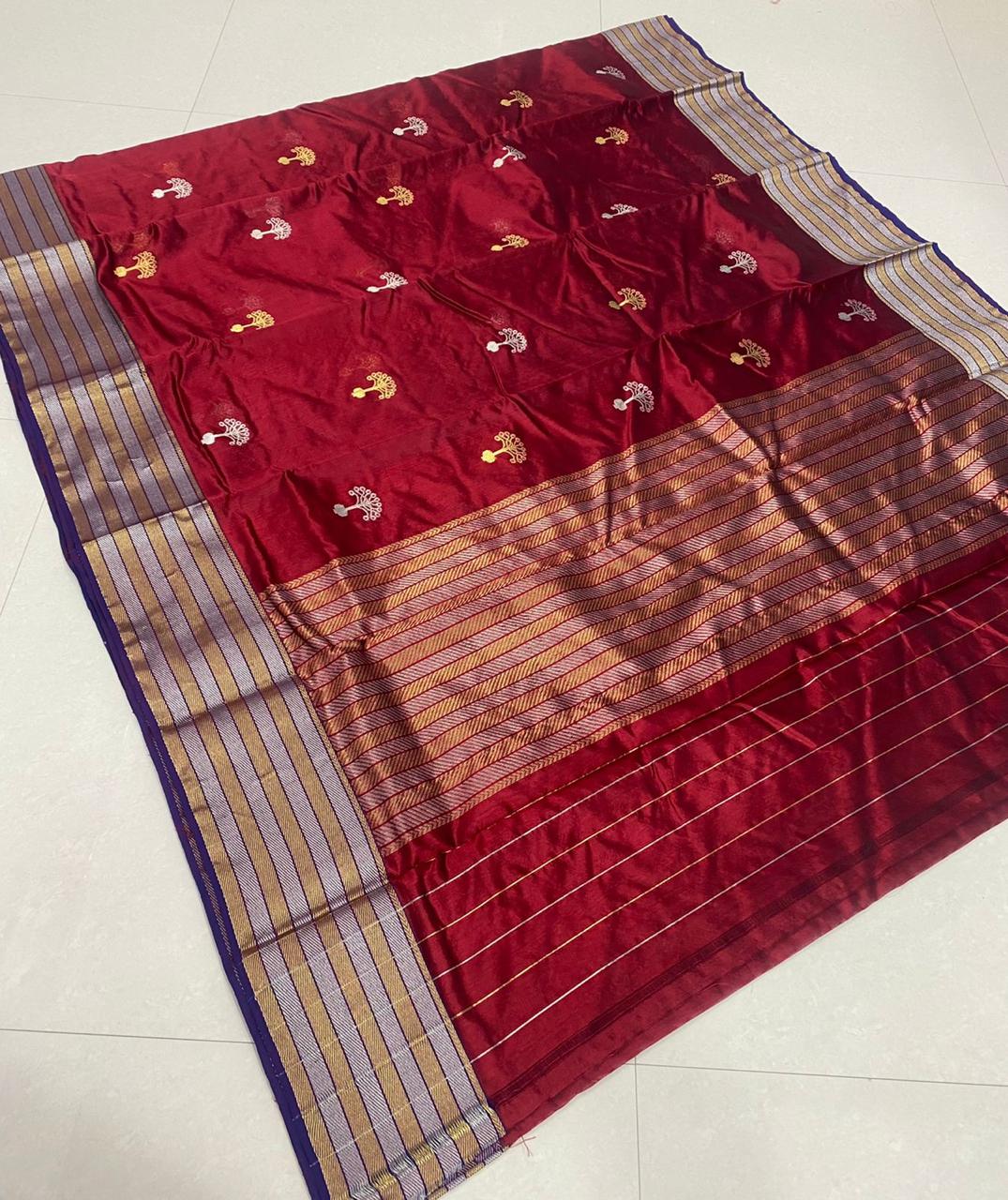 Handwoven Tamarillo Color Chanderi Pattu Silk Saree - Authentic Chanderi silk sarees Chanderi Saree
