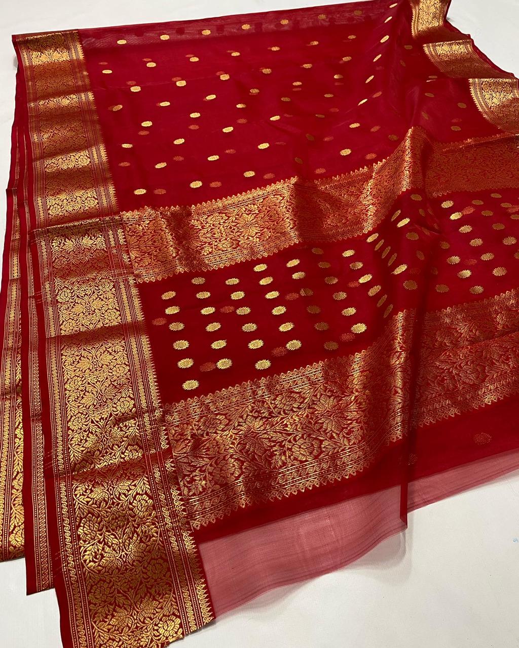Handwoven Tamarillo Color Organza Chanderi Katan Silk Saree - Authentic Chanderi silk sarees Chanderi Saree - View 1