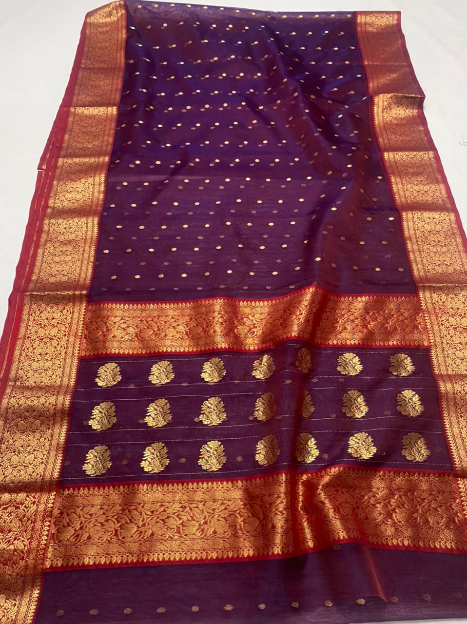 Handwoven Tawny Port Color Organza Chanderi Katan Silk Saree - Authentic Chanderi silk sarees Chanderi Saree