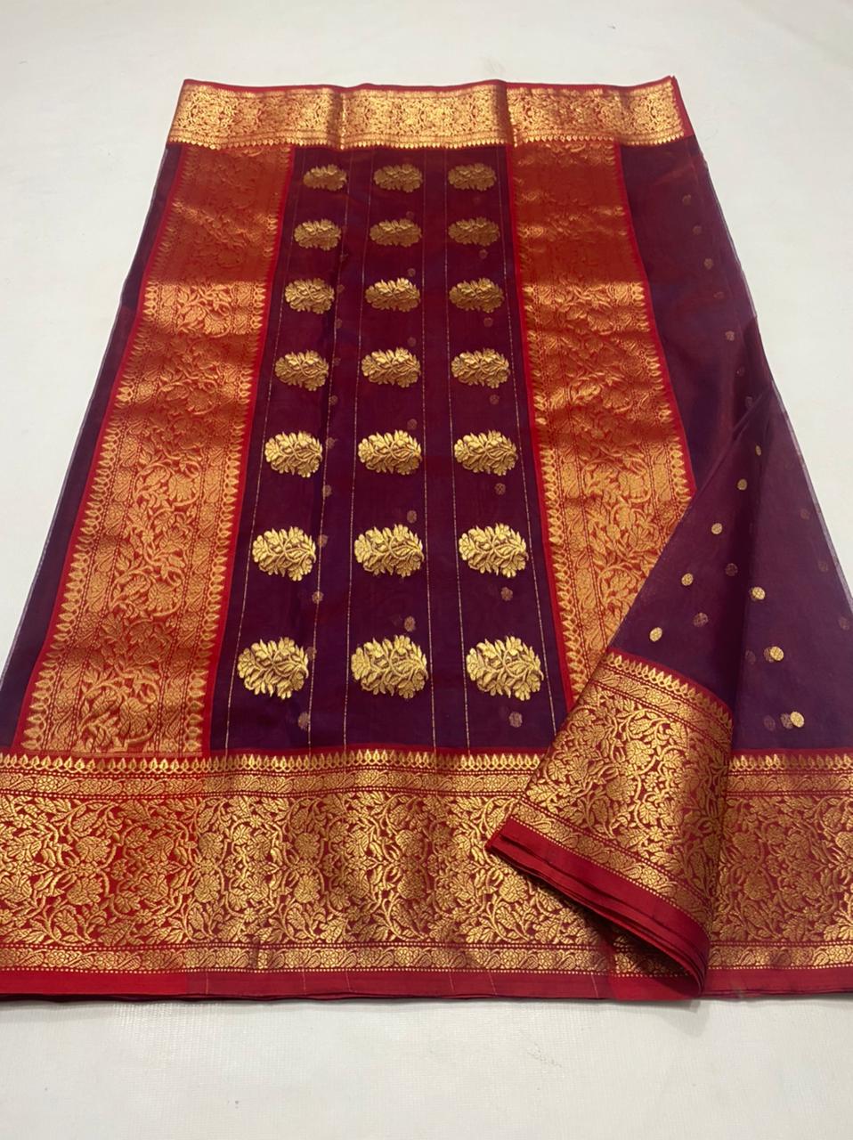 Handwoven Tawny Port Color Organza Chanderi Katan Silk Saree - Authentic Chanderi silk sarees Chanderi Saree - View 2