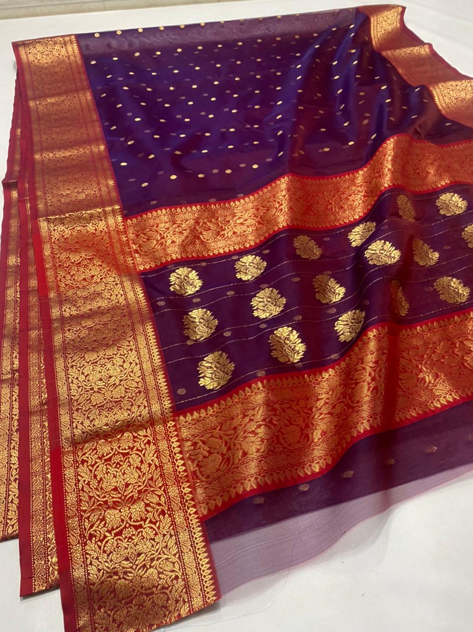 Handwoven Tawny Port Color Organza Chanderi Katan Silk Saree - Authentic Chanderi silk sarees Chanderi Saree - View 3