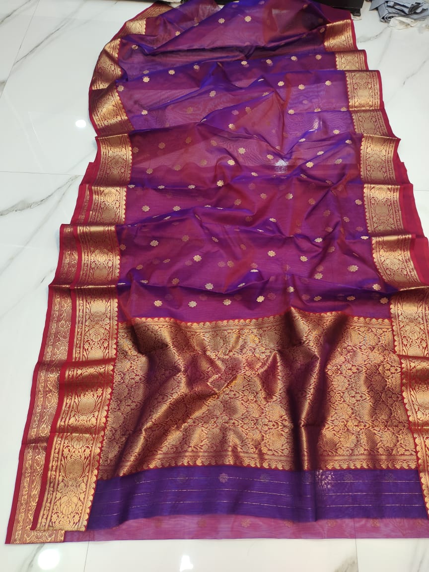 Handwoven Tawny Port Color Organza Chanderi Katan Silk Saree - Authentic Chanderi silk sarees Chanderi Saree - View 1