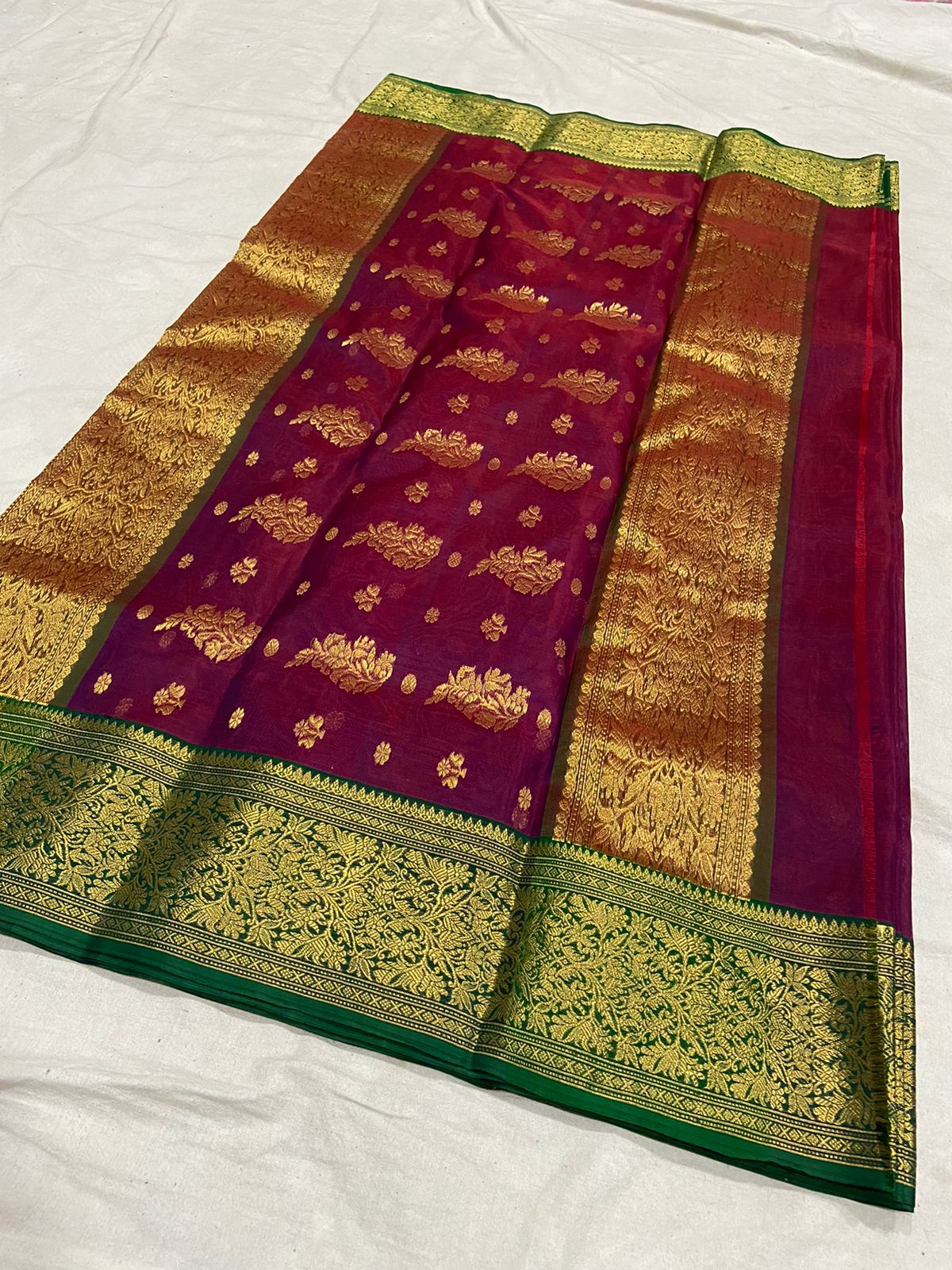 Handwoven Tawny Port Color Organza Chanderi Katan Silk Saree - Authentic Chanderi silk sarees Chanderi Saree - View 1