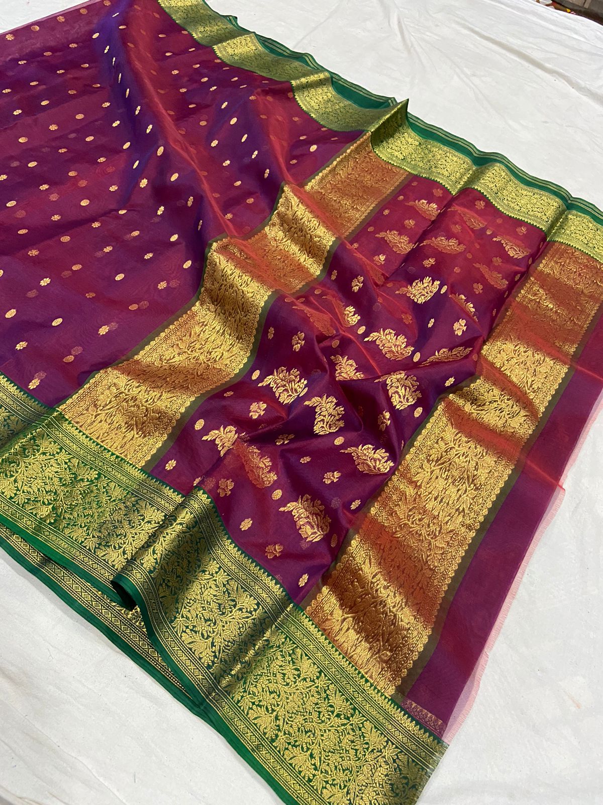 Handwoven Tawny Port Color Organza Chanderi Katan Silk Saree - Authentic Chanderi silk sarees Chanderi Saree - View 2