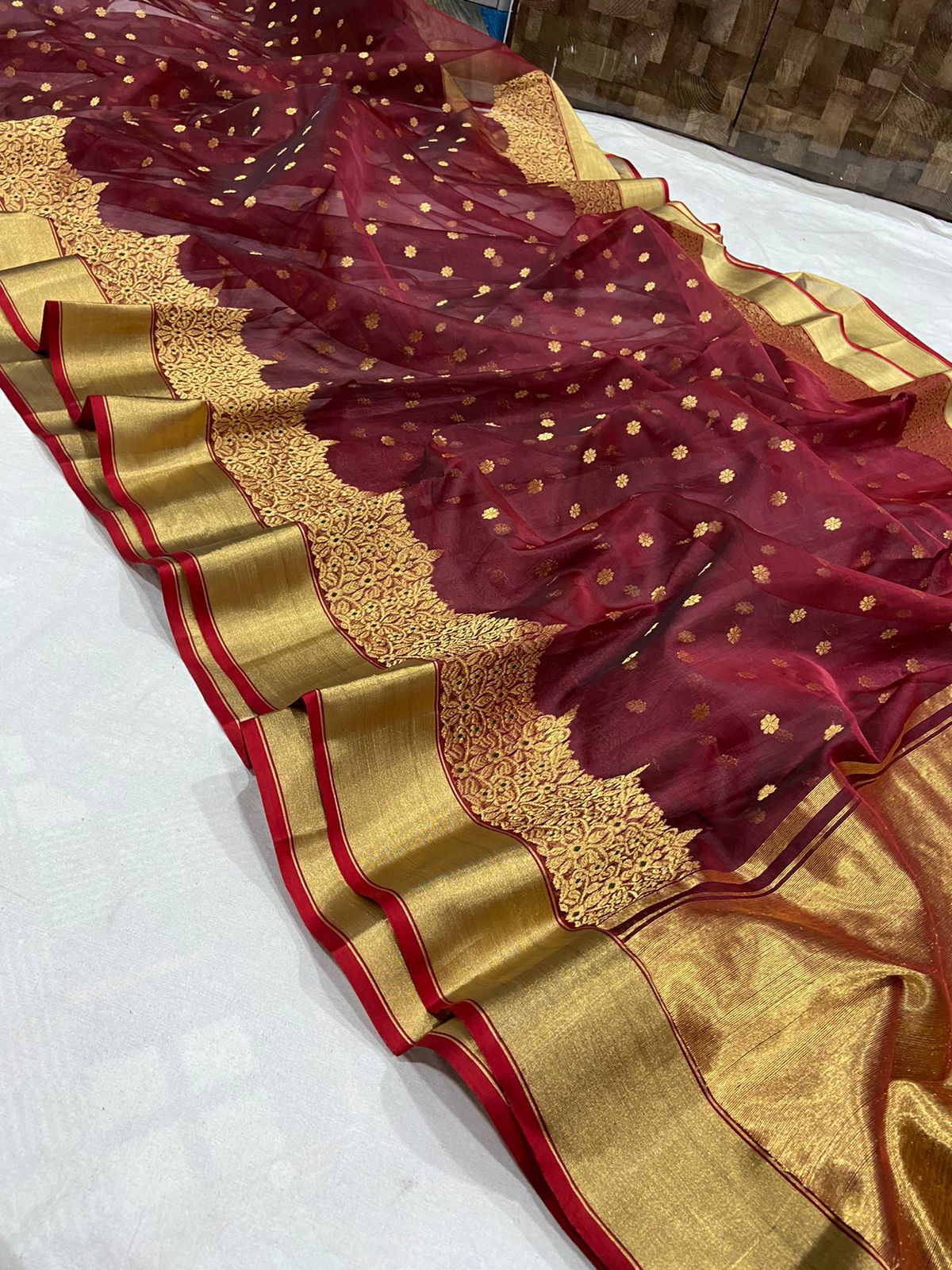 Handwoven Tawny Port Color Organza Chanderi Katan Silk Saree - Authentic Chanderi silk sarees Chanderi Saree