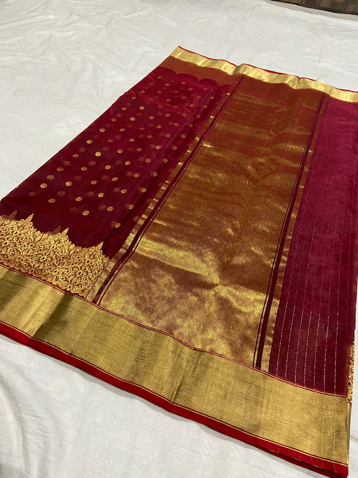 Handwoven Tawny Port Color Organza Chanderi Katan Silk Saree - Authentic Chanderi silk sarees Chanderi Saree - View 2
