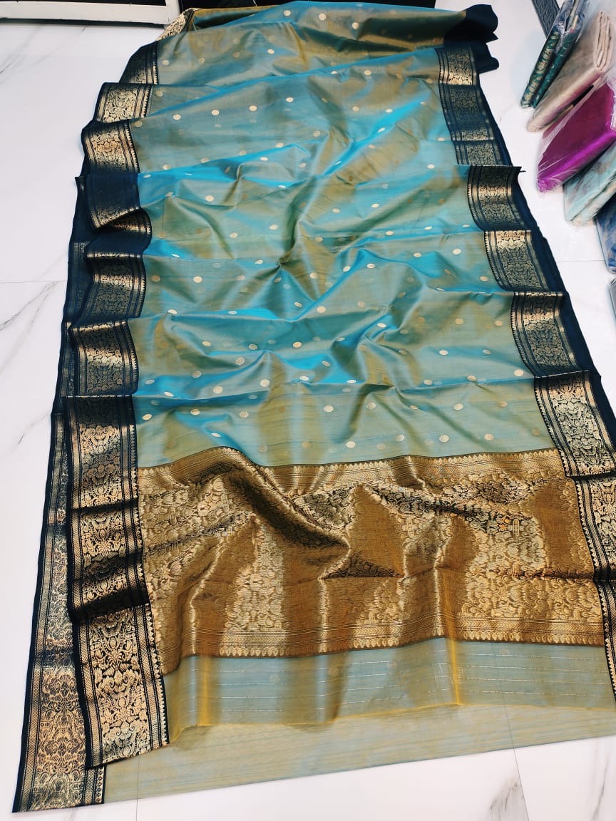 Handwoven Gold Teal Blue and Gold with Zari Buti Organza Chanderi Katan Silk Saree - Authentic Chanderi silk sarees Chanderi Saree