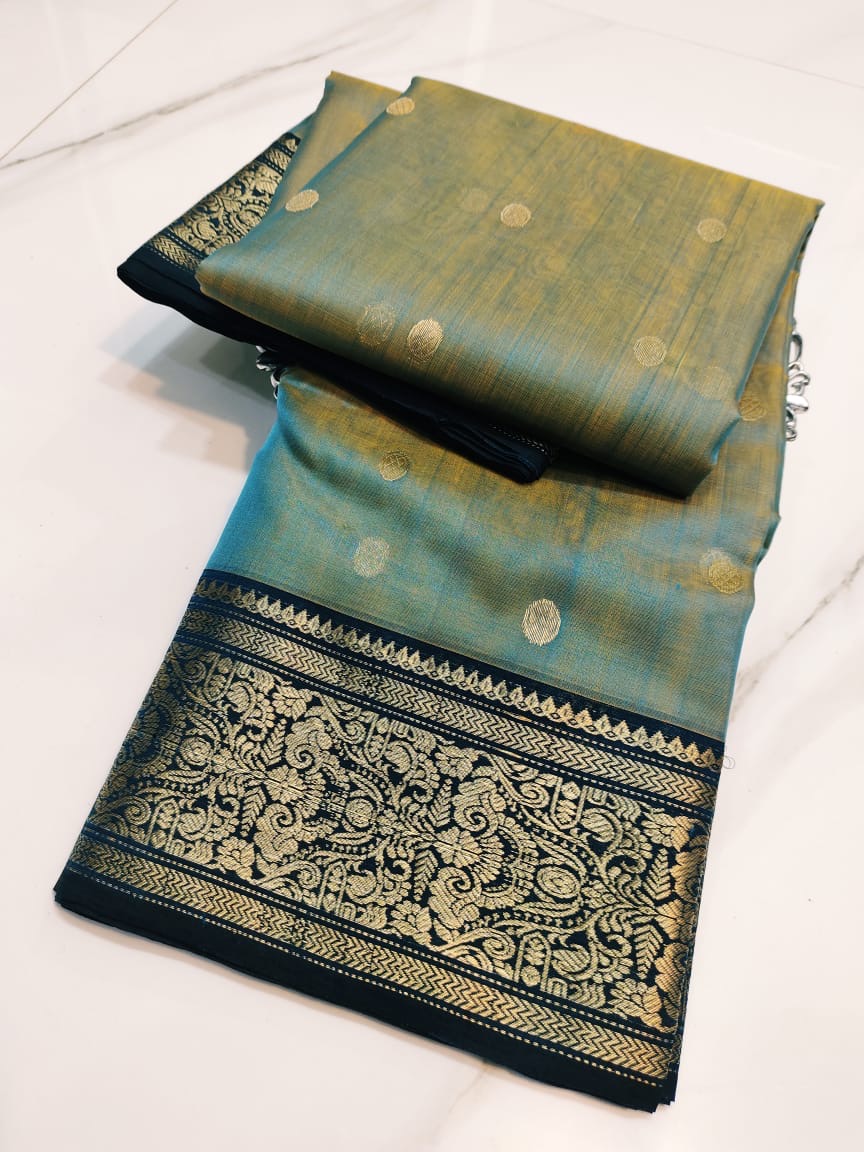 Handwoven Gold Teal Blue and Gold with Zari Buti Organza Chanderi Katan Silk Saree - Authentic Chanderi silk sarees Chanderi Saree - View 3
