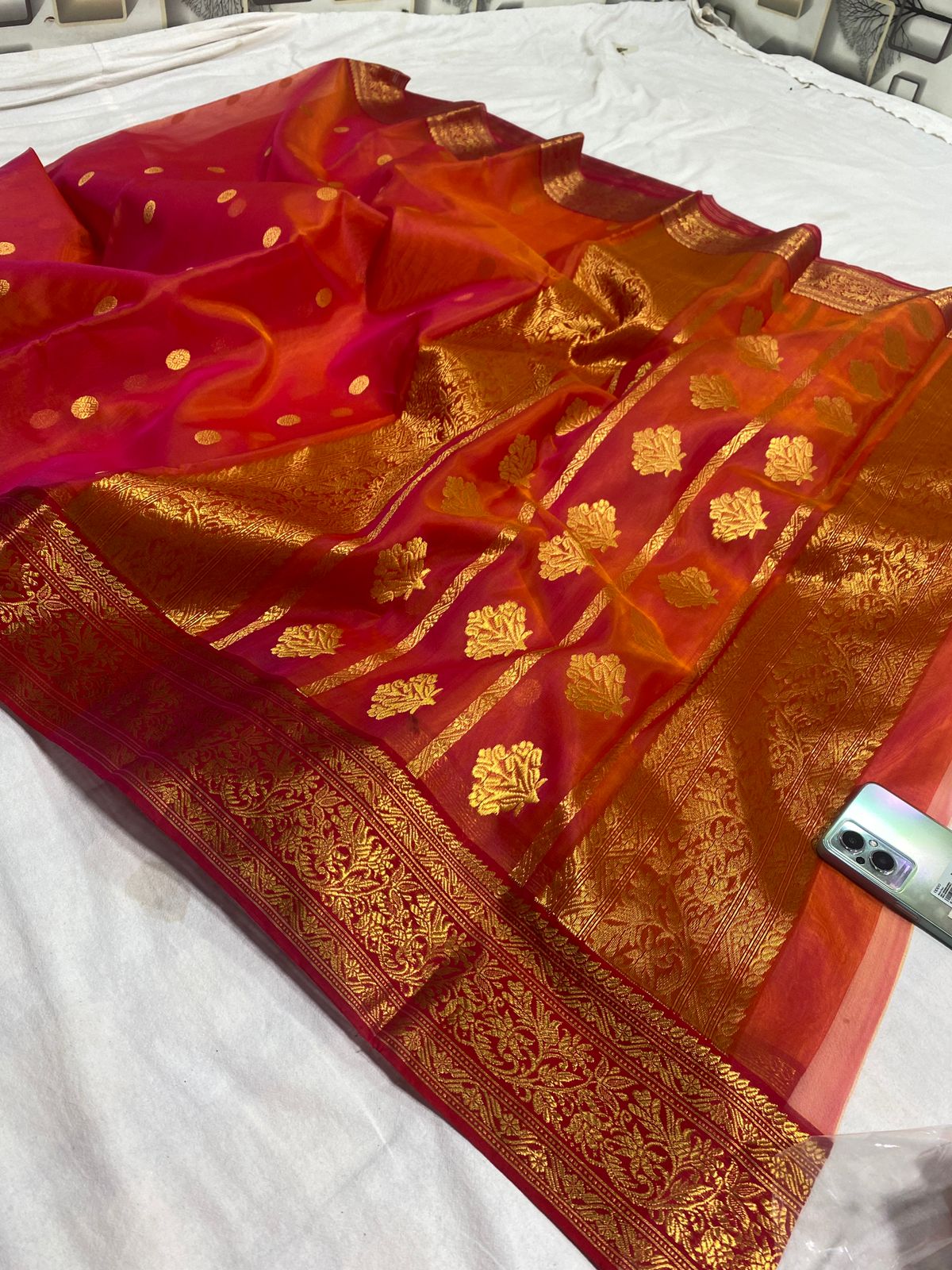 Handwoven Thunderbird Color Organza Chanderi Katan Silk Saree - Authentic Chanderi silk sarees Chanderi Saree - View 3