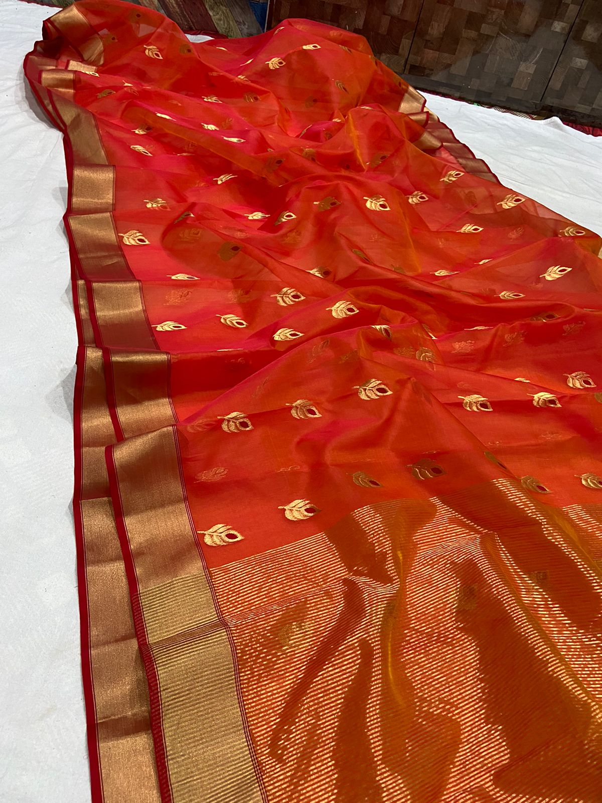 Handwoven Thunderbird Color Organza Chanderi Katan Silk Saree - Authentic Chanderi silk sarees Chanderi Saree - View 1