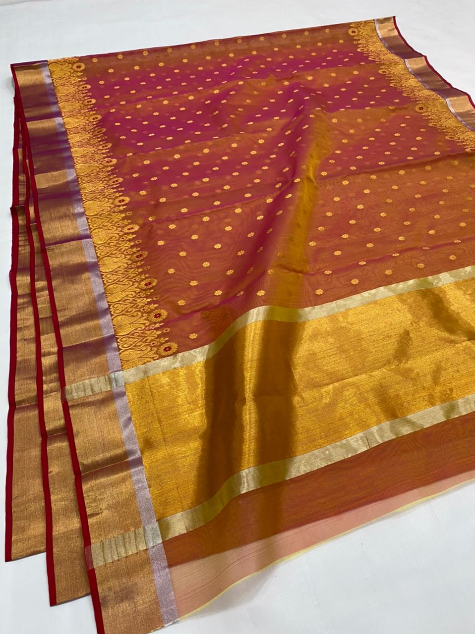 Handwoven Tigers Eye Color Organza Chanderi Katan Silk Saree - Authentic Chanderi silk sarees Chanderi Saree - View 1