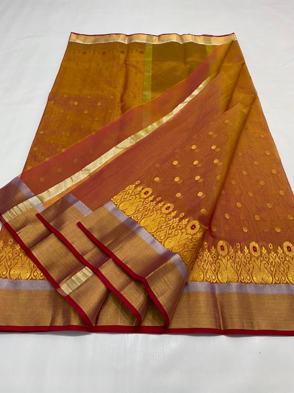 Handwoven Tigers Eye Color Organza Chanderi Katan Silk Saree - Authentic Chanderi silk sarees Chanderi Saree - View 3