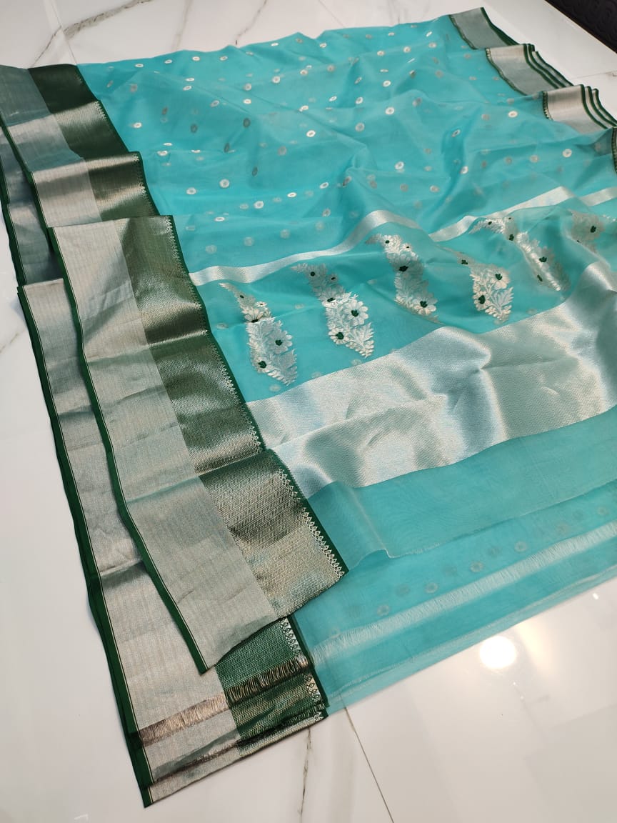 Handwoven Tradewind Color Organza Chanderi Katan Silk Saree - Authentic Chanderi silk sarees Chanderi Saree - View 1