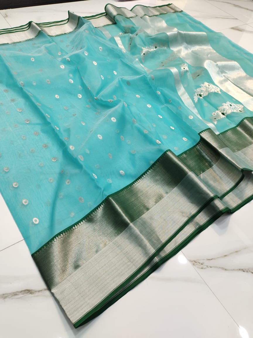 Handwoven Tradewind Color Organza Chanderi Katan Silk Saree - Authentic Chanderi silk sarees Chanderi Saree - View 2