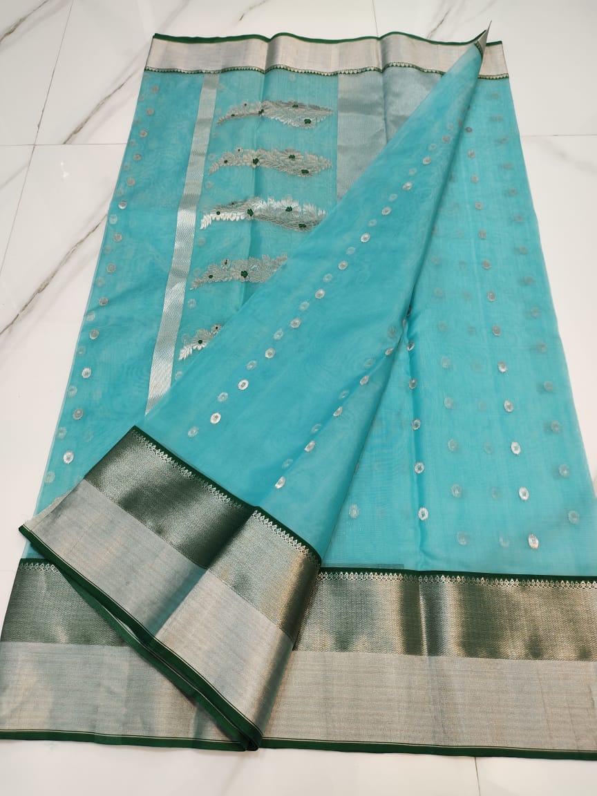 Handwoven Tradewind Color Organza Chanderi Katan Silk Saree - Authentic Chanderi silk sarees Chanderi Saree - View 3