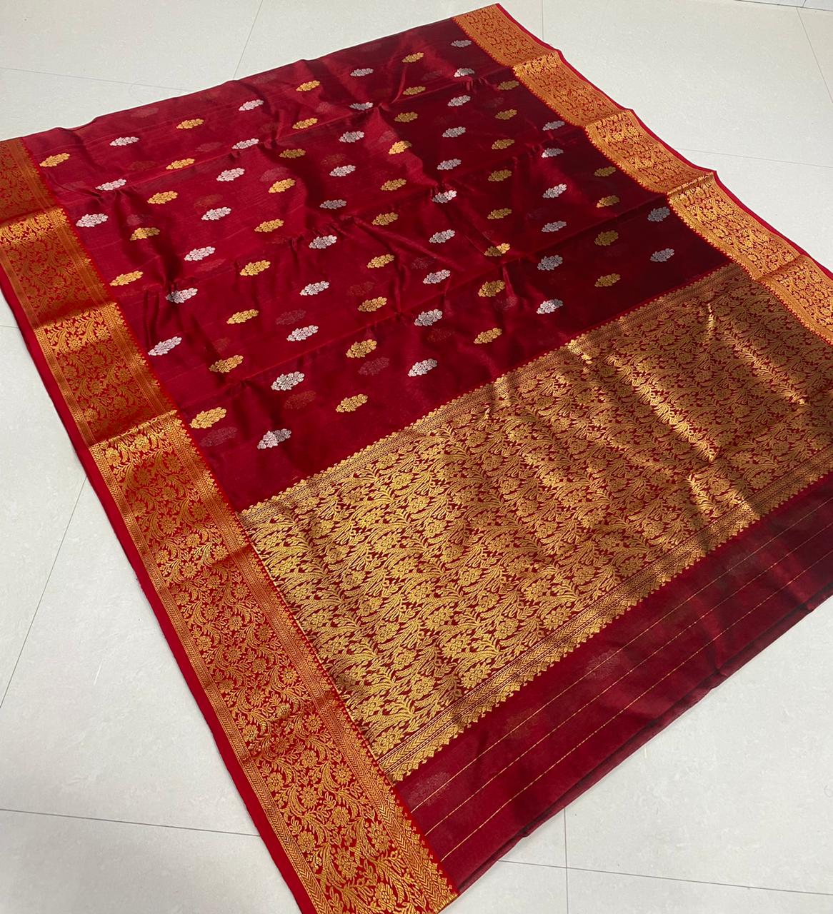 Handwoven Red Venetian Red Color Chanderi Pattu Silk Saree - Authentic Chanderi silk sarees Chanderi Saree - View 1