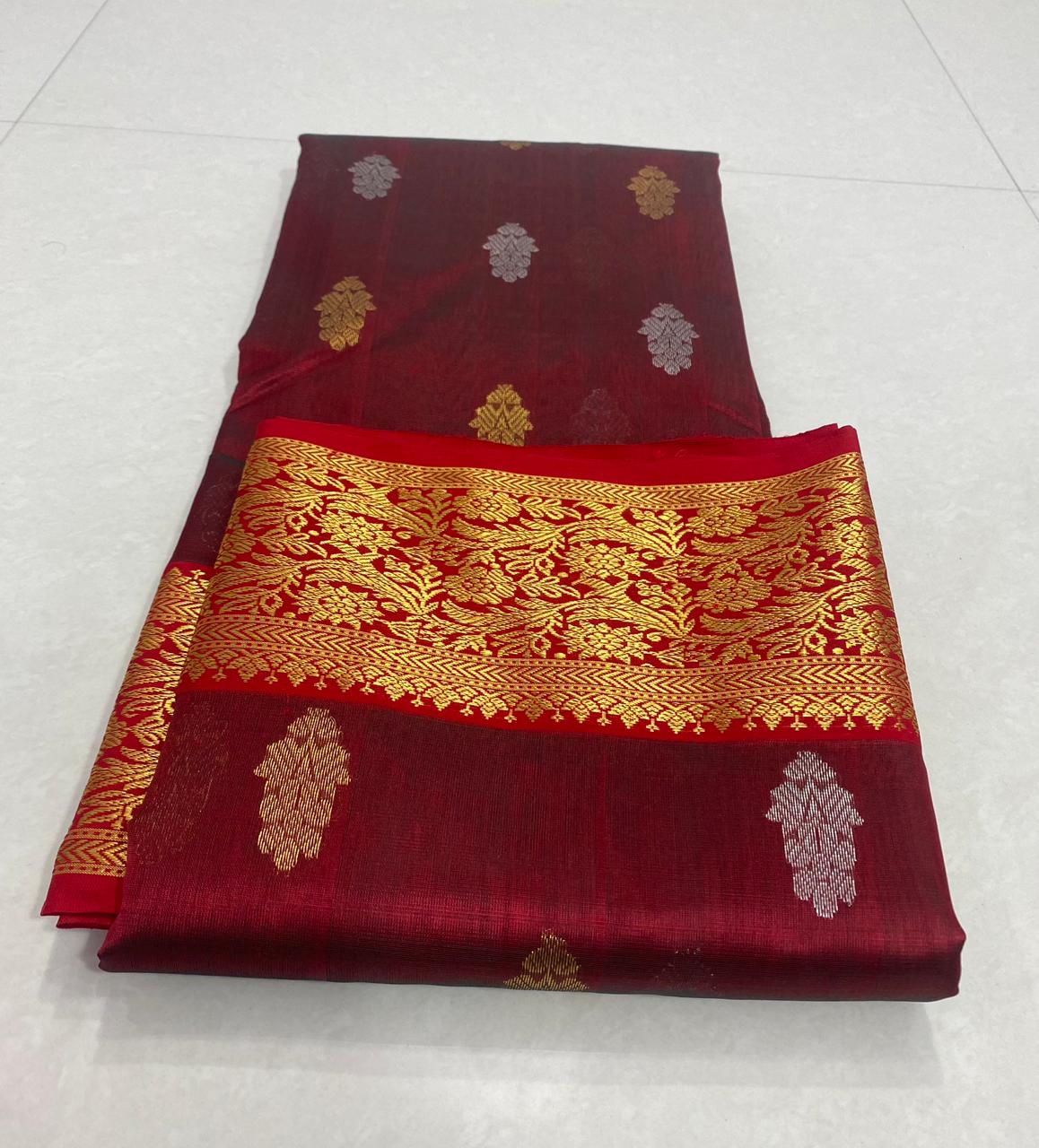 Handwoven Red Venetian Red Color Chanderi Pattu Silk Saree - Authentic Chanderi silk sarees Chanderi Saree - View 3