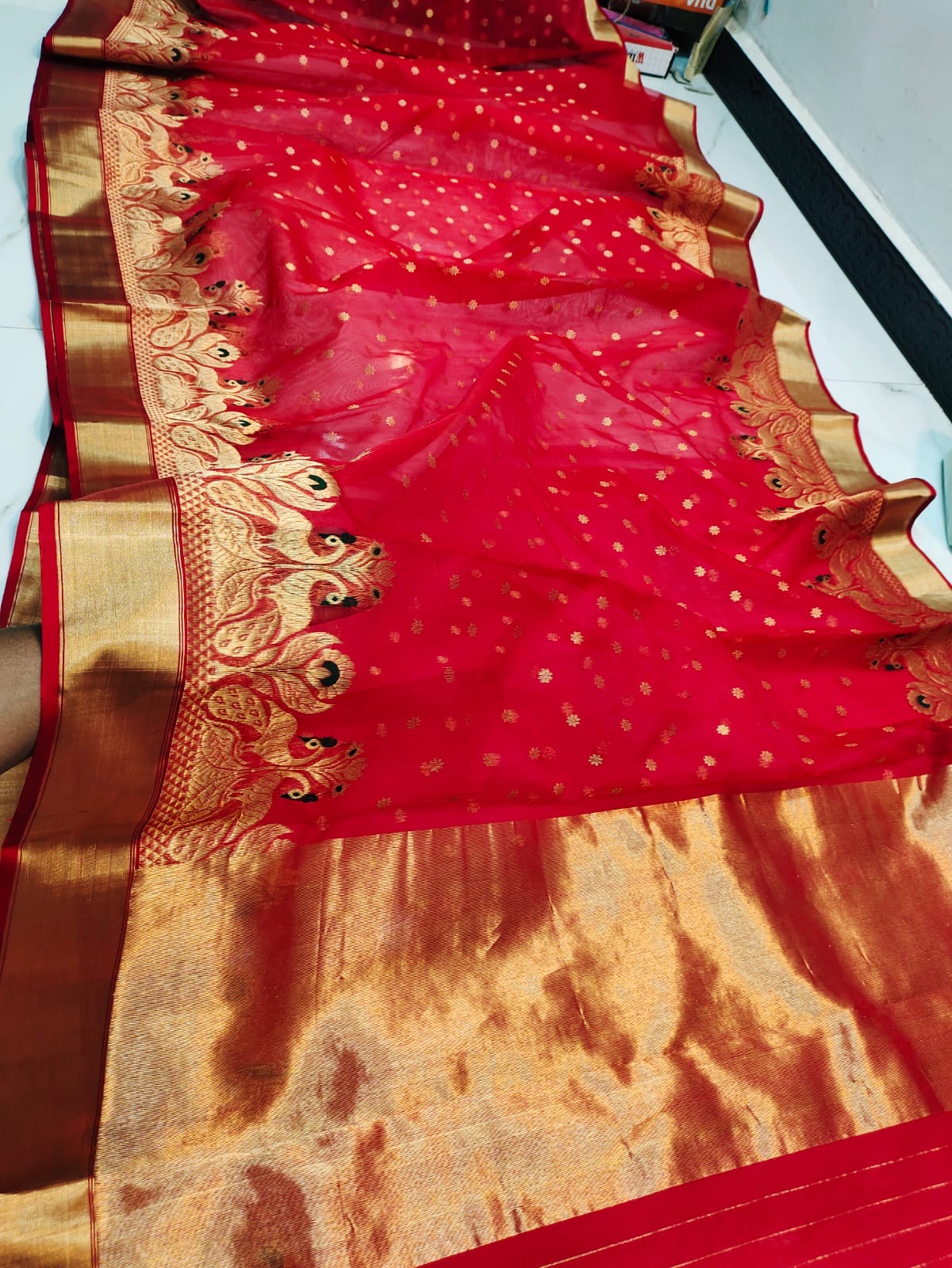 Vermilion Red with Peacock Meenakari Border Organza Chanderi Katan Silk Saree - Handloom Chanderi Saree