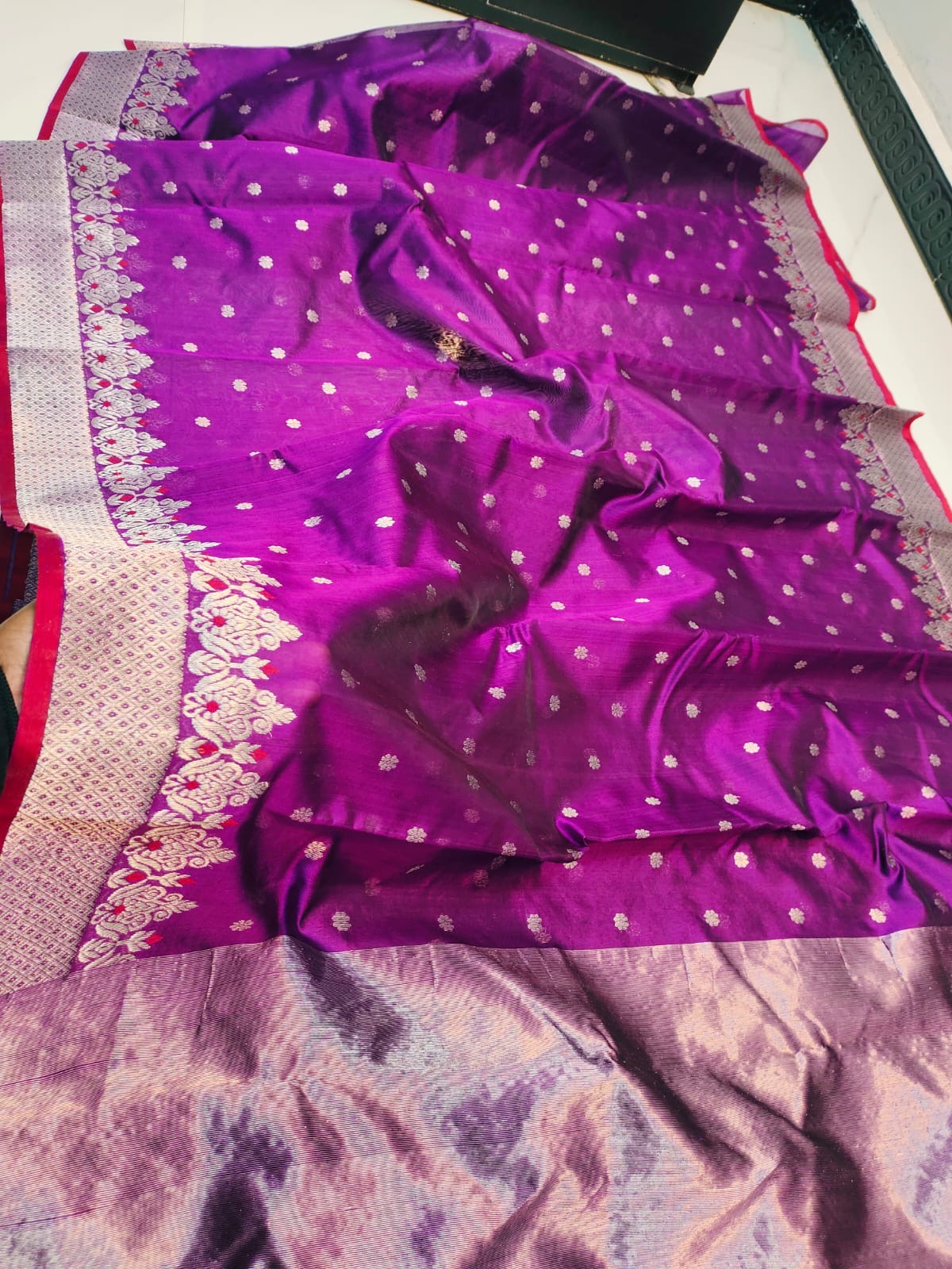 Vibrant Magenta with Silver Border and motifs Chanderi Pattu Silk Saree - Handloom Chanderi Saree