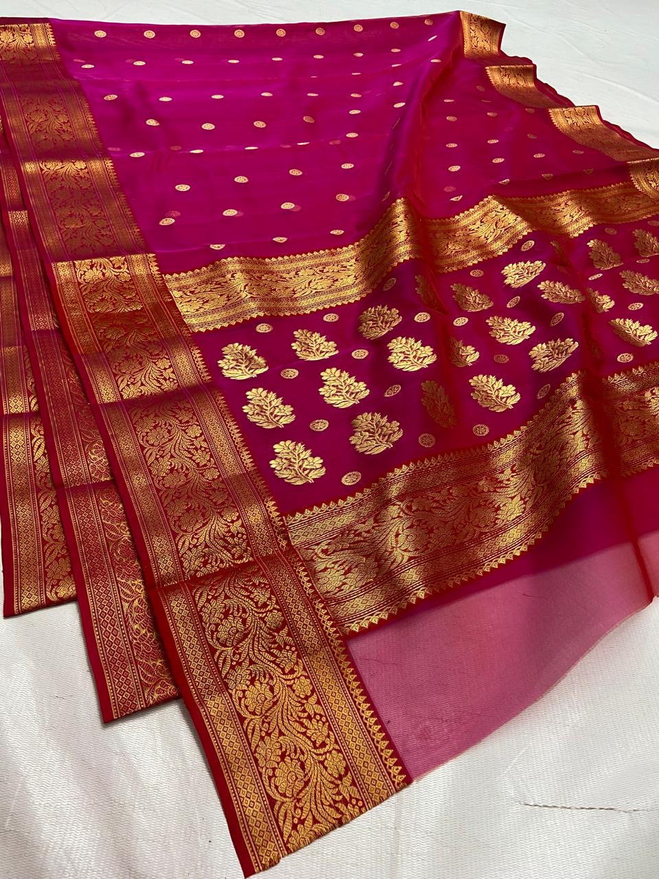 Handwoven Gold Vibrant Rani Pink with Heavy Gold Zari Border Organza Chanderi Katan Silk Saree - Authentic Chanderi silk sarees Chanderi Saree - View 1