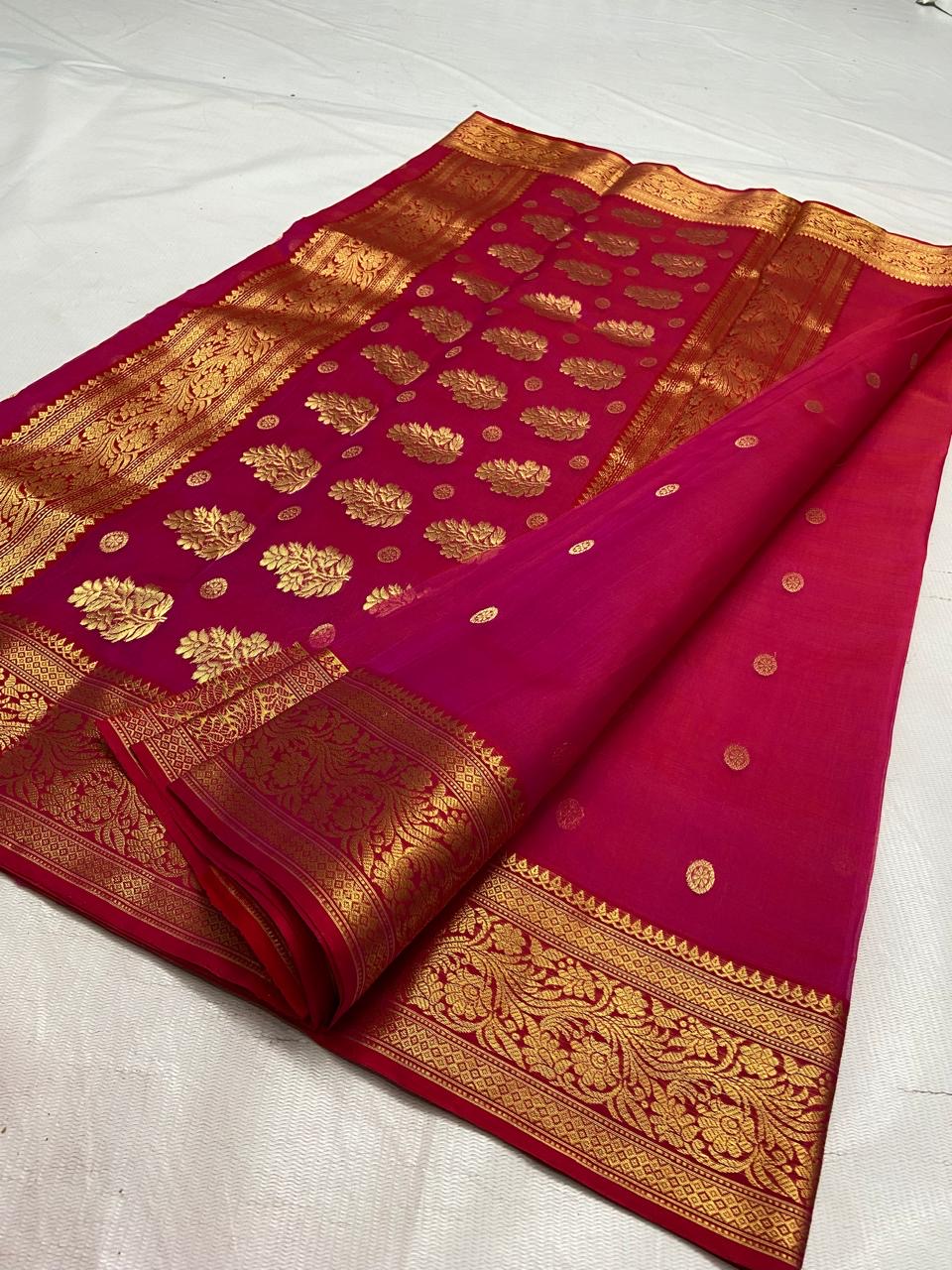 Handwoven Gold Vibrant Rani Pink with Heavy Gold Zari Border Organza Chanderi Katan Silk Saree - Authentic Chanderi silk sarees Chanderi Saree - View 2