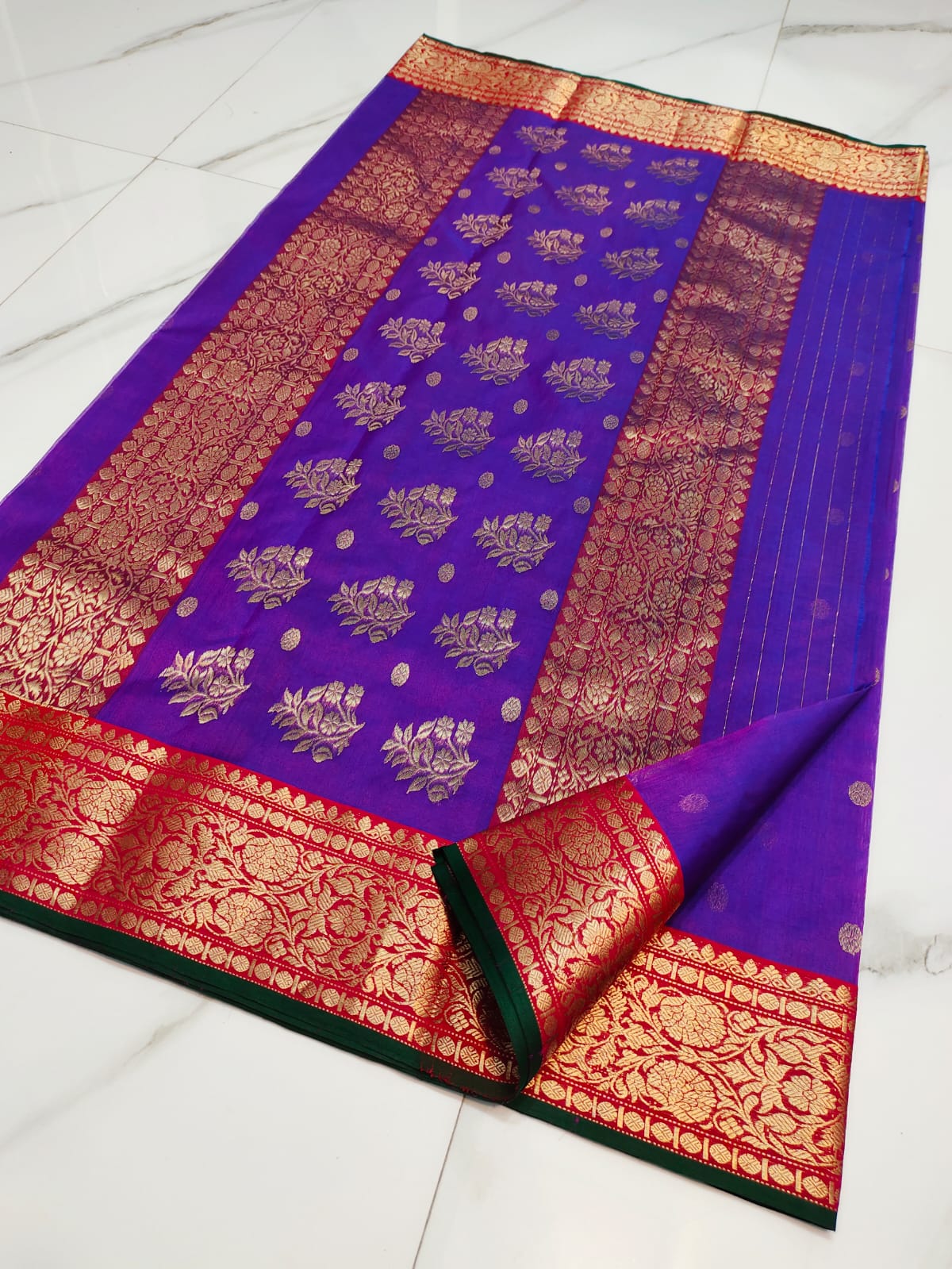 Handwoven Purple Vibrant purple with red gold zari border Organza Chanderi Katan Silk Saree - Authentic Chanderi silk sarees Chanderi Saree - View 1
