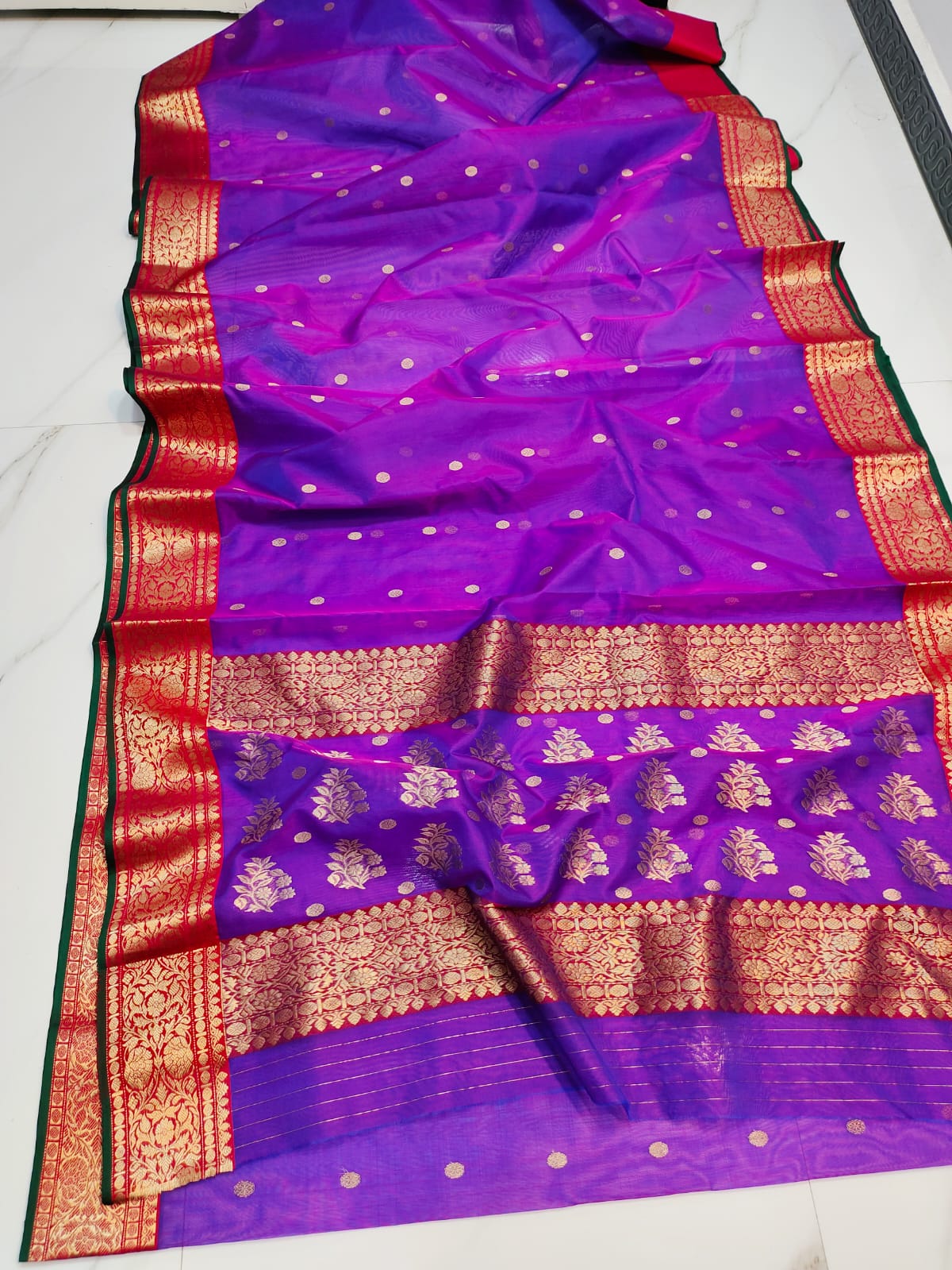 Handwoven Purple Vibrant purple with red gold zari border Organza Chanderi Katan Silk Saree - Authentic Chanderi silk sarees Chanderi Saree - View 2