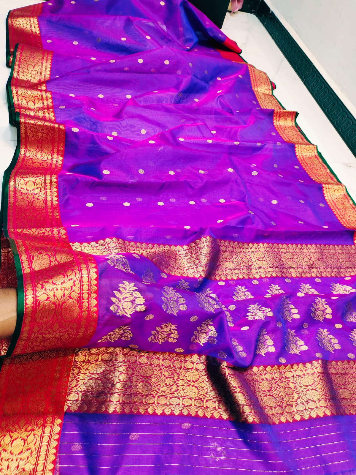Handwoven Purple Vibrant purple with red gold zari border Organza Chanderi Katan Silk Saree - Authentic Chanderi silk sarees Chanderi Saree - View 3
