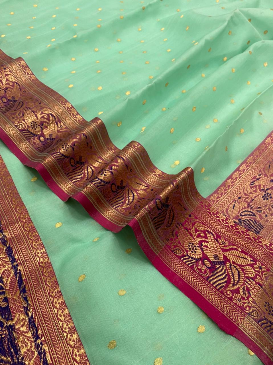 Handwoven Blue Vista Blue Color Organza Chanderi Katan Silk Saree - Authentic Chanderi silk sarees Chanderi Saree - View 2