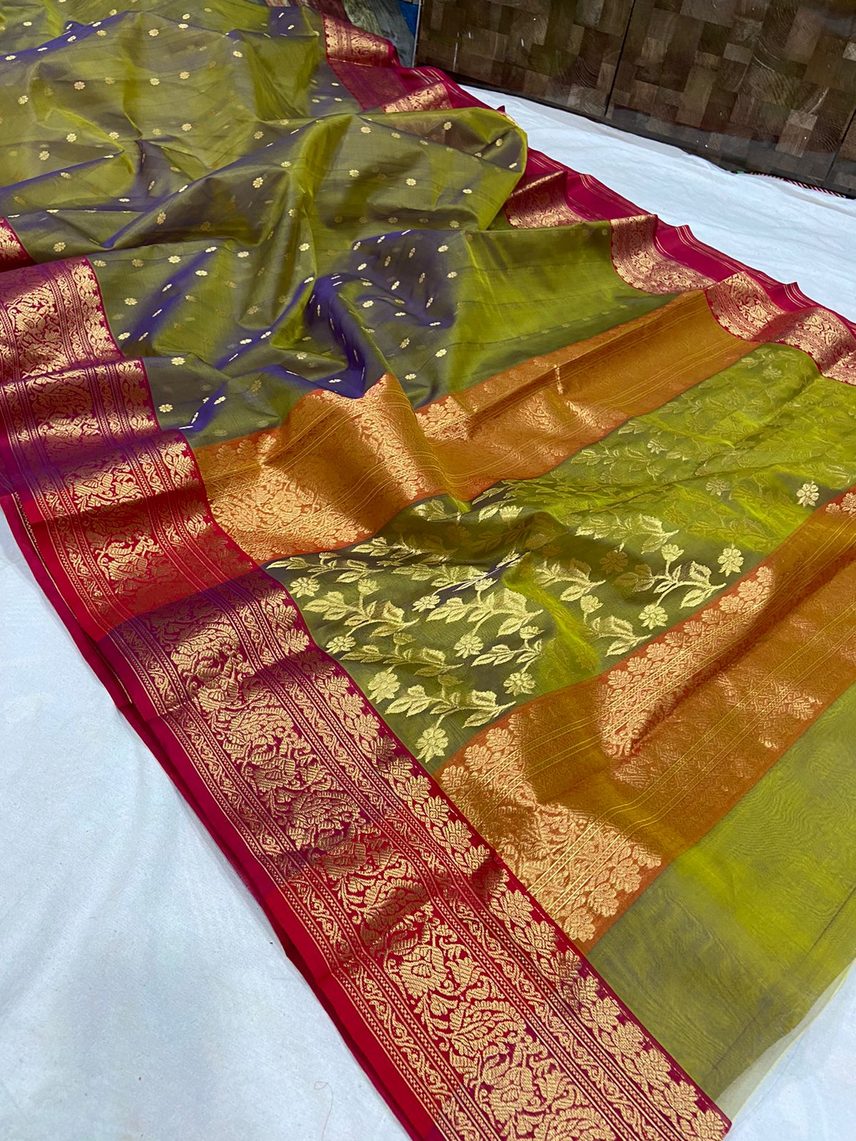 Handwoven Wasabi Color Organza Chanderi Katan Silk Saree - Authentic Chanderi silk sarees Chanderi Saree