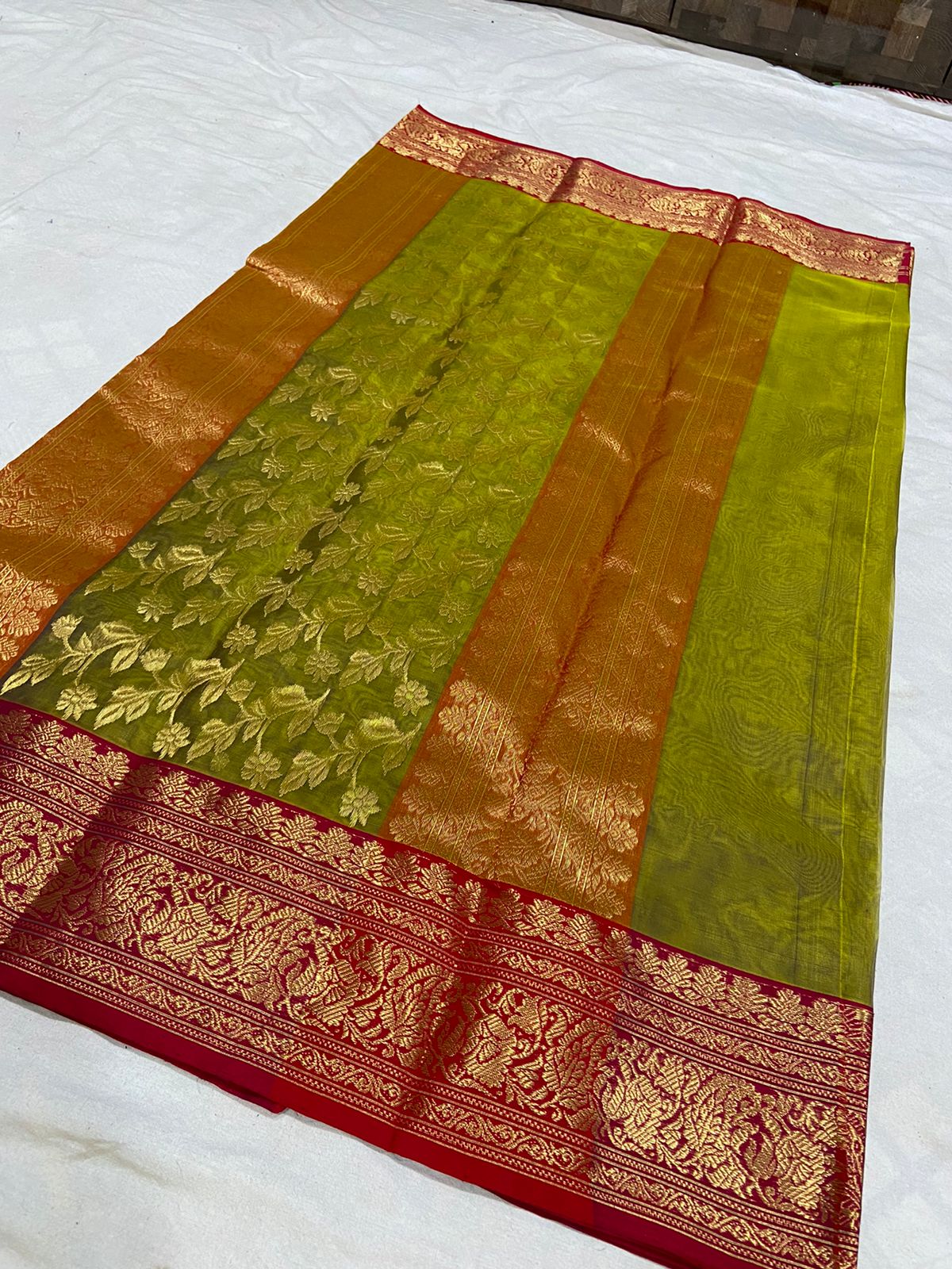 Handwoven Wasabi Color Organza Chanderi Katan Silk Saree - Authentic Chanderi silk sarees Chanderi Saree - View 3