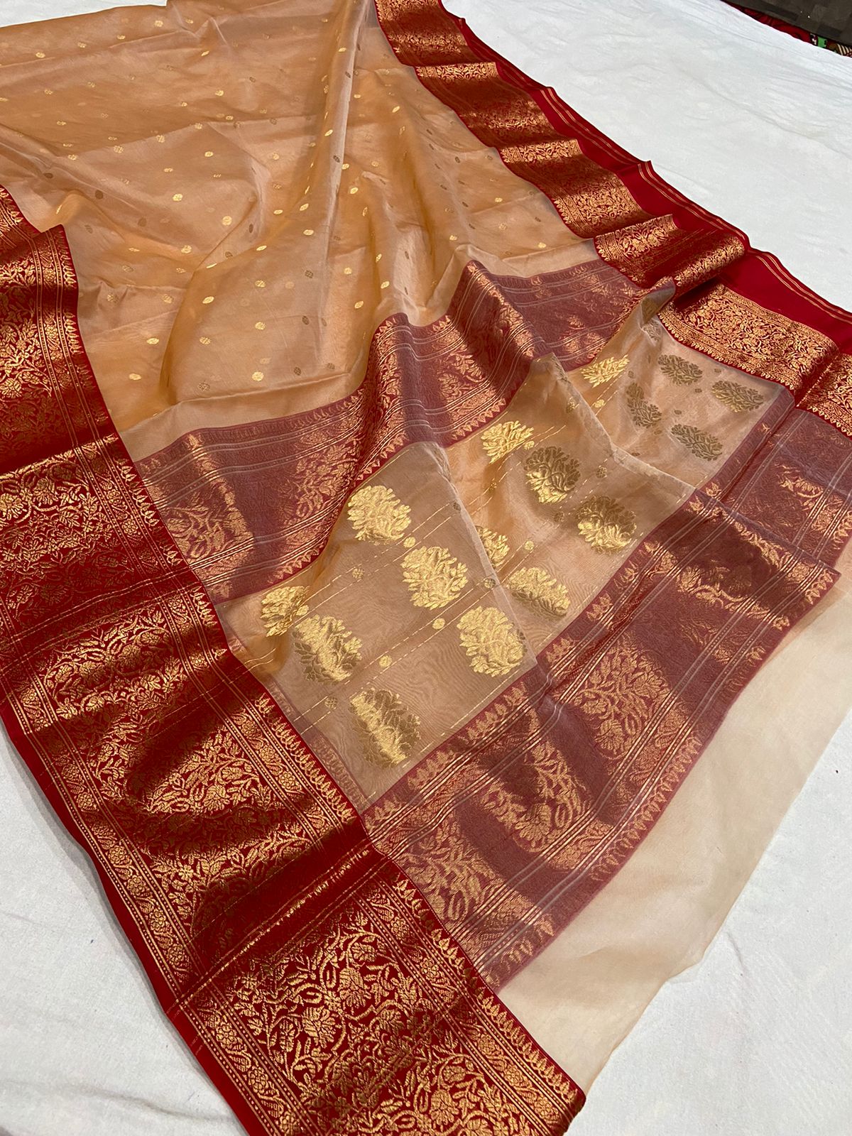 Handwoven Whiskey Color Organza Chanderi Katan Silk Saree - Authentic Chanderi silk sarees Chanderi Saree - View 2